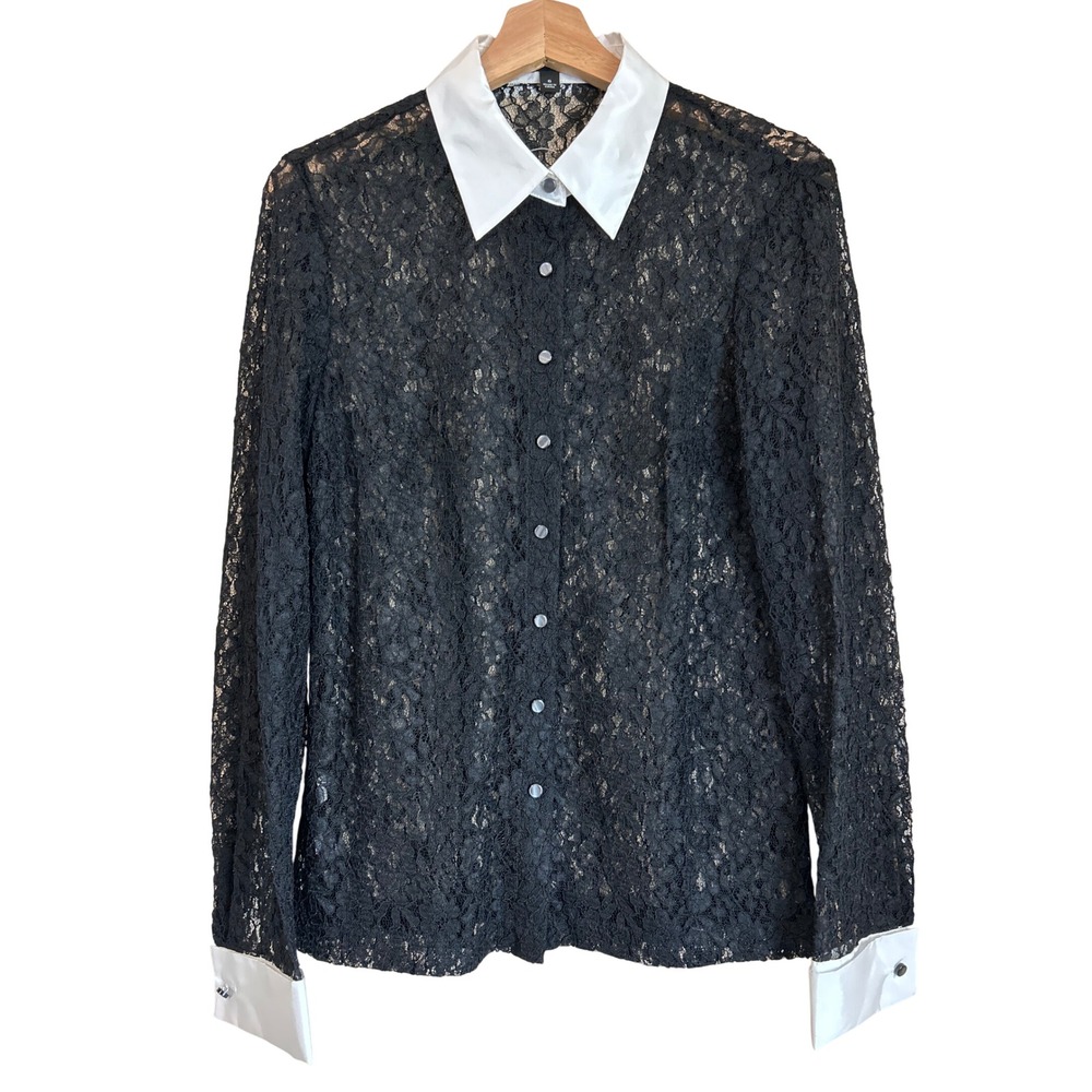 Ann Taylor Black Floral Lace goth cufflink Button Size 6 Shirt Tuxedo Coquette